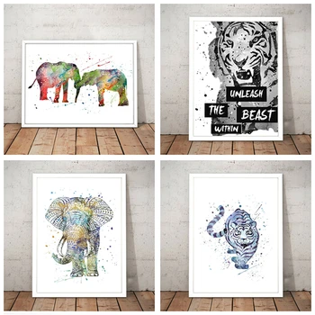 Слон, тигр, животное, акварель, украшение детской комнаты в скандинавском стиле, художественный плакат, печать, живопись, художественное оформление, холст, живопись M156