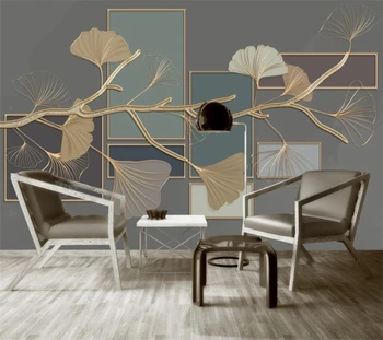 Индивидуальные 3D обои новый китайский стиль лист гинкго геометрическая линия с золотым тиснением на фоне стены гостиной спальни фреска