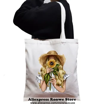 Женская холщовая сумка-тоут Sunflower Girl большой емкости для покупок, женские многоразовые Эко-сумки на плечо, студенческие черные сумки